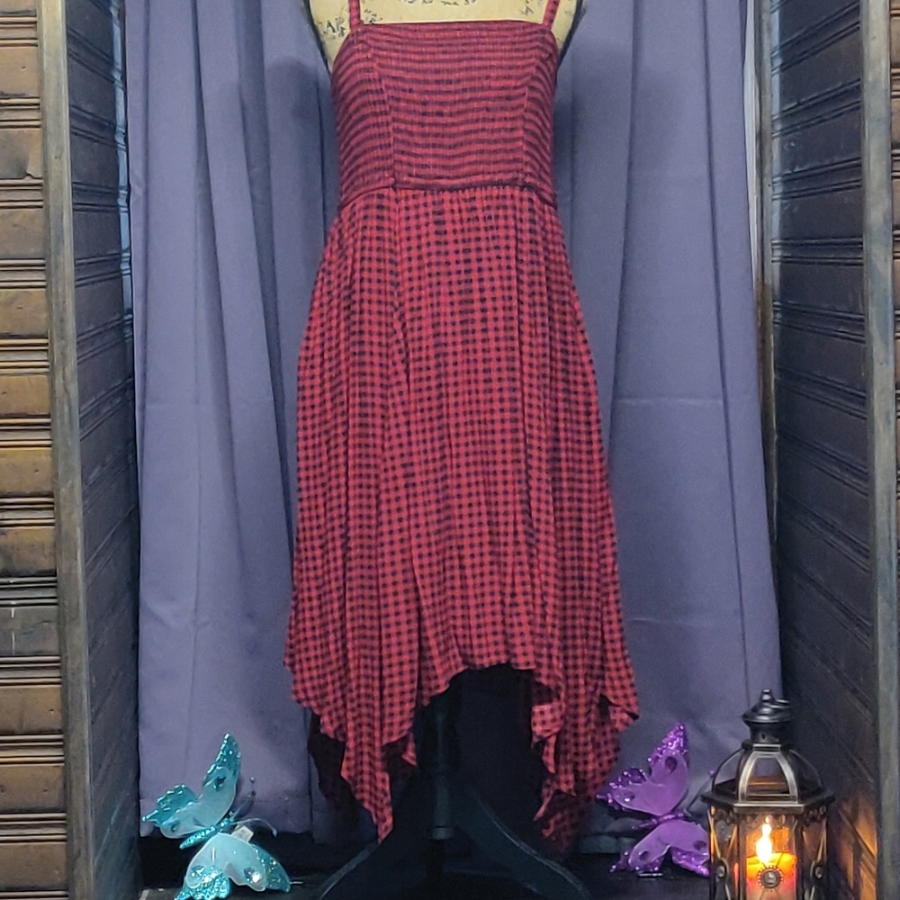 Red wine & black gingham gauze handkerchief dress